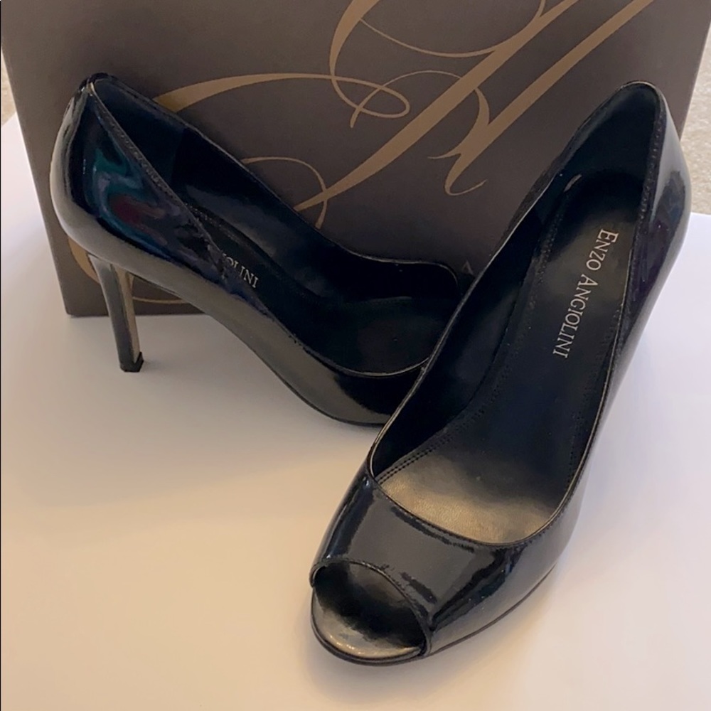 Enzo Angiolini Black Patent Leather Open Toe Pumps